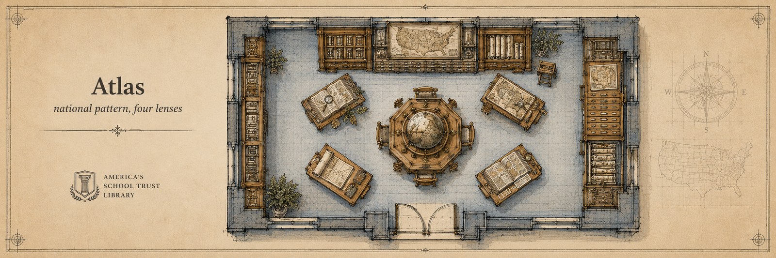 Architectural plan view of the Atlas — a cartographic-archive room with broad map tables in the center, rolled-map racks along the walls, and a globe stand. Hand-drafted in oxidized navy ink on parchment.