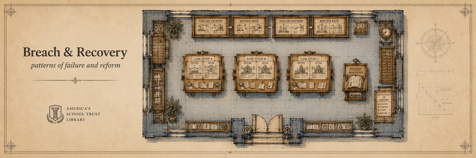 Architectural plan view of the Breach & Recovery room — case-study display tables in the center with labeled exhibits, before-and-after diagrams on the walls.
