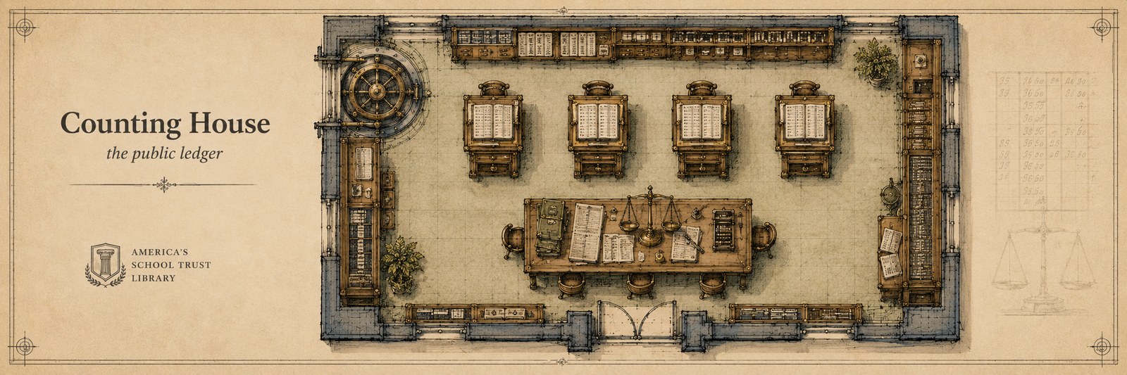 Architectural plan view of the Counting House — a banking-hall interior with a teller counter, ledger desks behind it, and a small vault recess at the rear. Hand-drafted in oxidized navy ink on parchment.