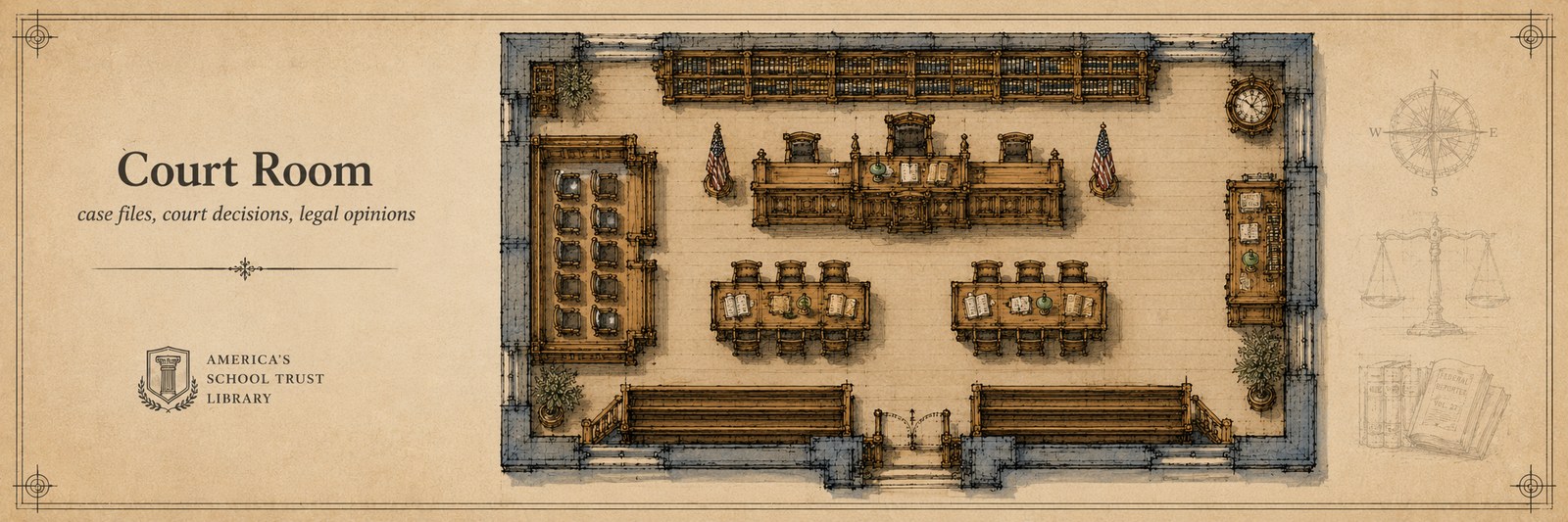 Architectural plan view of the Court Room — a courtroom interior with a raised bench at the front, advocates' tables facing it, a jury box to one side, gallery seating, and bookcases of statute volumes.