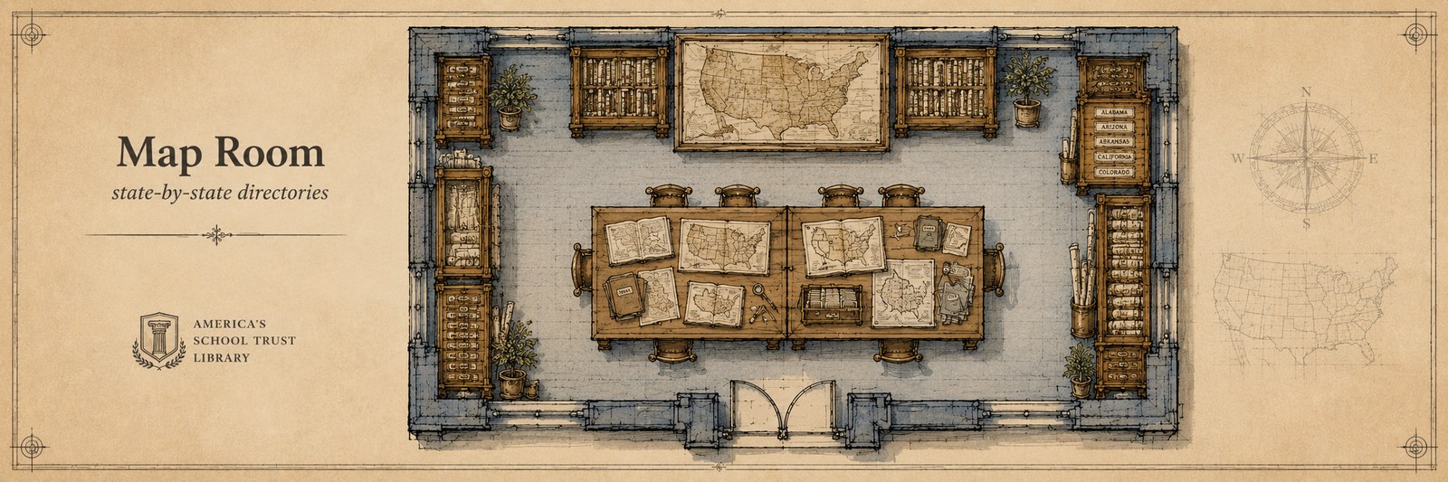 Architectural plan view of the Map Room — wide flat-file drawers along the walls, drafting tables in the center with maps in progress, and a wall of state outlines. Hand-drafted in oxidized navy ink on parchment.