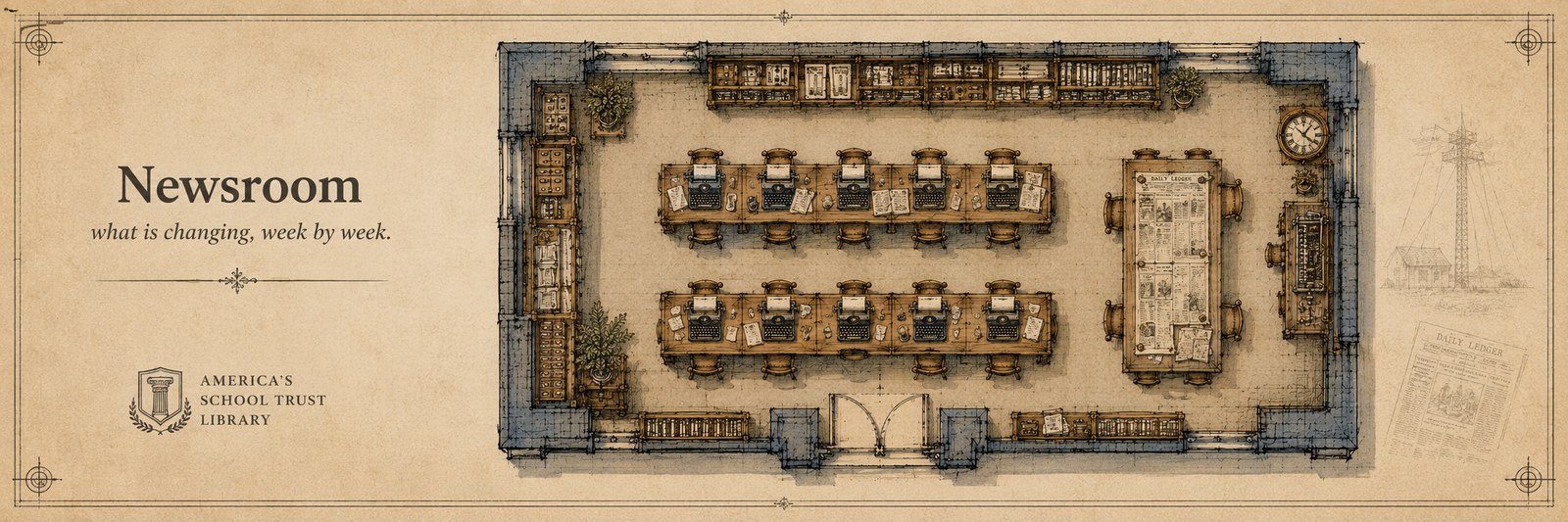 Architectural plan view of the Newsroom — two parallel rows of writers' desks with typewriters, a layout table at one end, a telegraph instrument on a side desk, and a wall clock. Hand-drafted in oxidized navy ink on parchment, in the visual register of the Library's Spatial Discovery Blueprint.