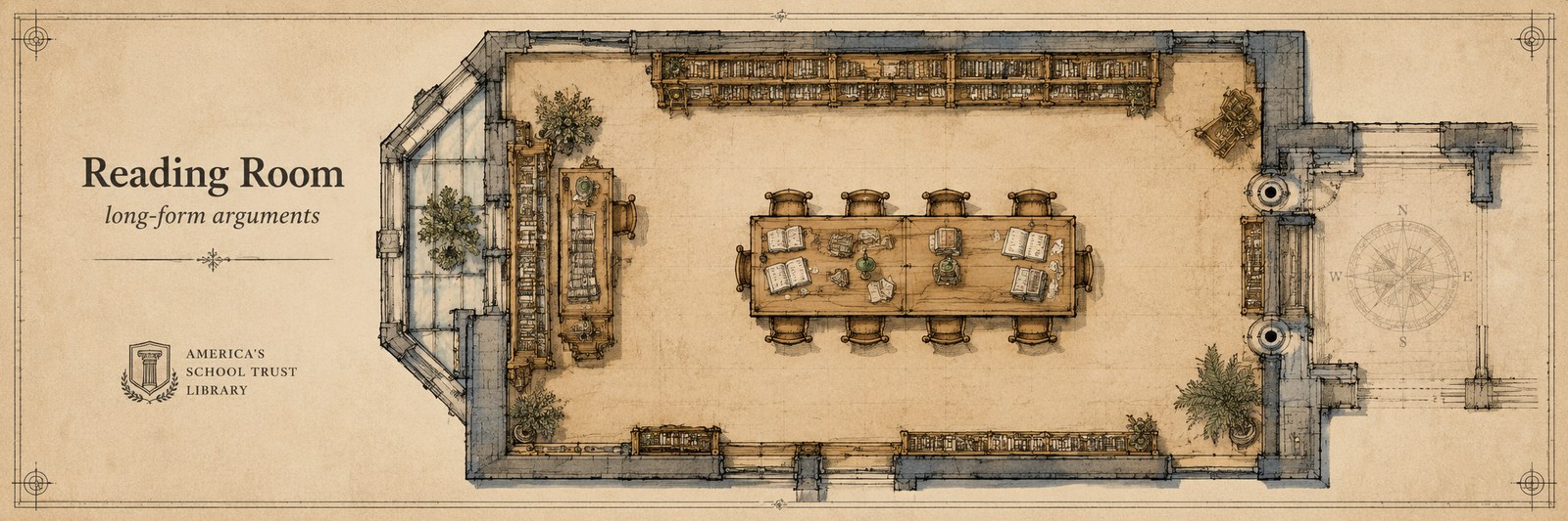Architectural plan view of the Library's Reading Room — a long hall with bookshelves running both long walls, a central reading table set with open volumes, a bay window at the far end, and a small arched entrance. Hand-drafted in oxidized navy ink on parchment, in the visual register of the Library's Spatial Discovery Blueprint.