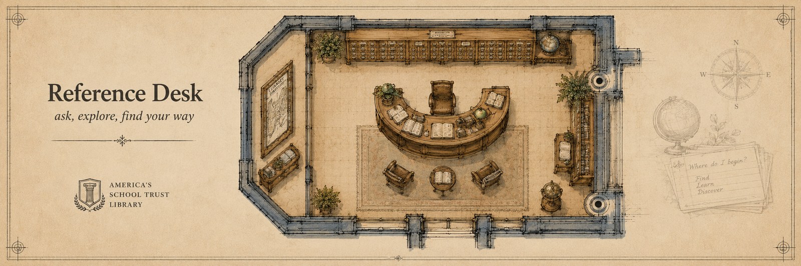 Architectural plan view of the Reference Desk — a curved librarian's station with smaller tables clustered around, and a reference shelf.