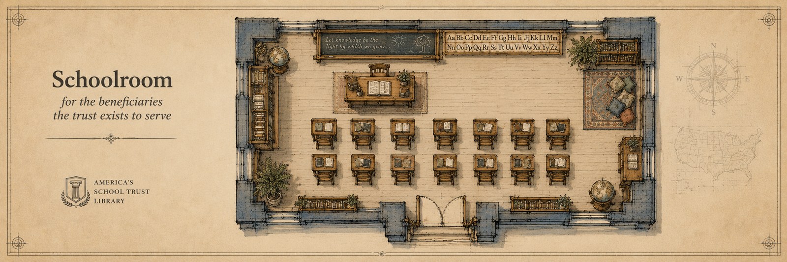 Architectural plan view of the Schoolroom — small student desks arranged in rows facing a teacher's desk, with a chalkboard and a globe.