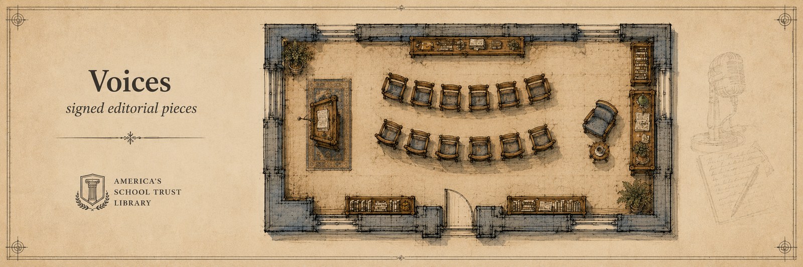 Architectural plan view of the Voices room — a small lecture-style space with a podium at one end and a curved arrangement of audience chairs in two rows facing it. Hand-drafted in oxidized navy ink on parchment.
