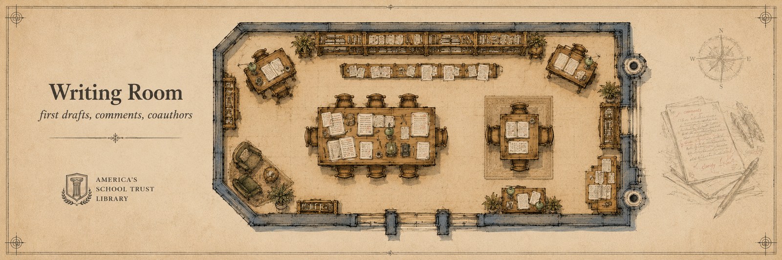 Architectural plan view of the Writing Room — desks with manuscripts in progress, a central conference table for coauthor meetings, flanking bookcases, and side reading nooks. Hand-drafted in oxidized navy ink on parchment, in the visual register of the Library's Spatial Discovery Blueprint.