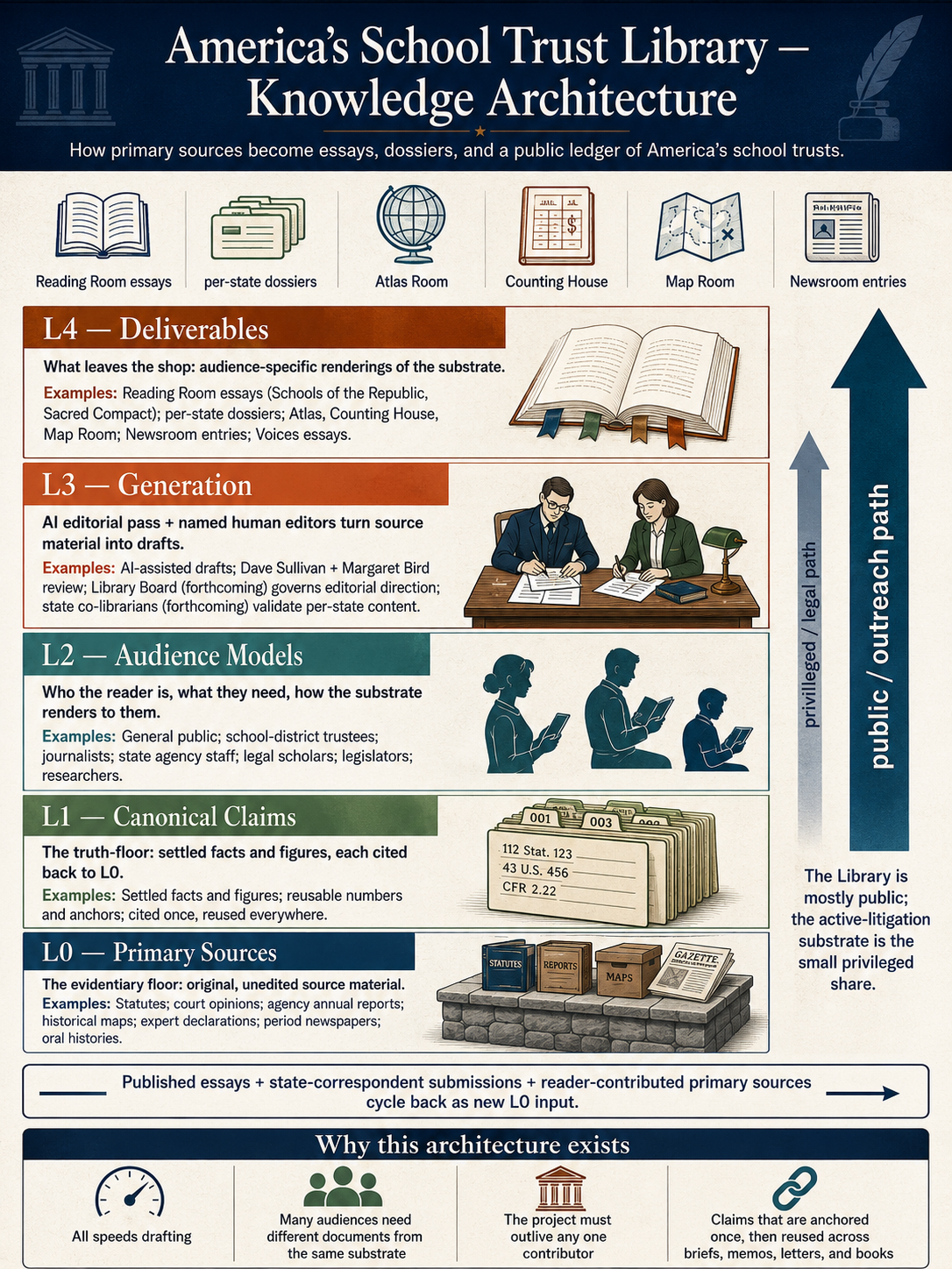 The Library's knowledge architecture — four working layers from primary sources at the bottom to the published essays, dossiers, and reference works at the top.