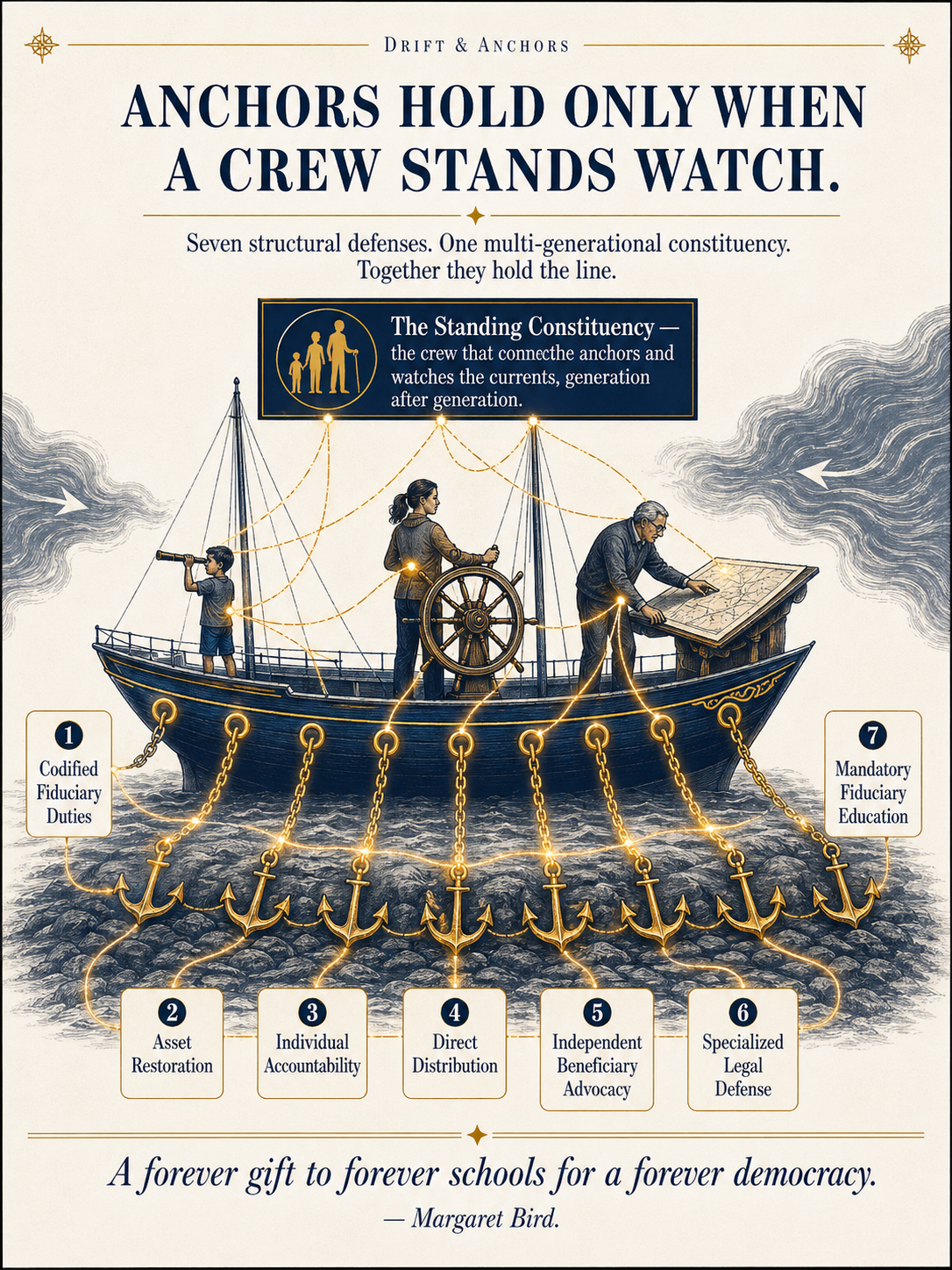 Anchors hold only when a crew stands watch. Seven structural defenses chain the ship to the seabed: Codified Fiduciary Duties, Asset Restoration, Individual Accountability, Direct Distribution, Independent Beneficiary Advocacy, Specialized Legal Defense, Mandatory Fiduciary Education. Above the deck, a multi-generational crew — child, adult, elder — stands watch.