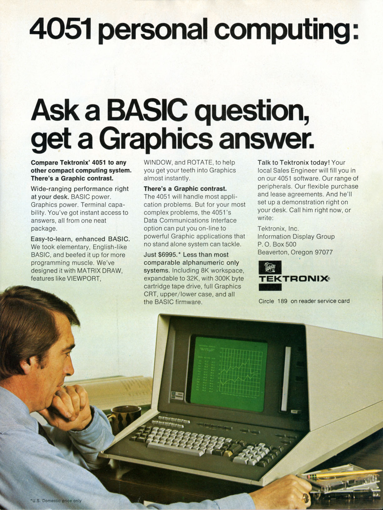 The Tektronix 4051 Graphic Computing System, introduced October 1975. Advertisement scanned from page 189 of the April 15, 1976 issue of *Electronics* magazine. Public domain (no copyright notice on the advertisement, per US Copyright Office Circular 3).