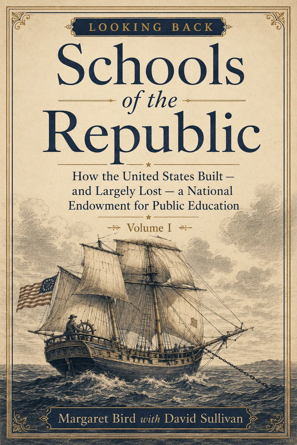Cover of Volume I — Schools of the Republic, by Margaret Bird with David Sullivan: an 18th-century American sailing ship, sails patched, anchor cable taut, helmsman at the wheel, weather present.