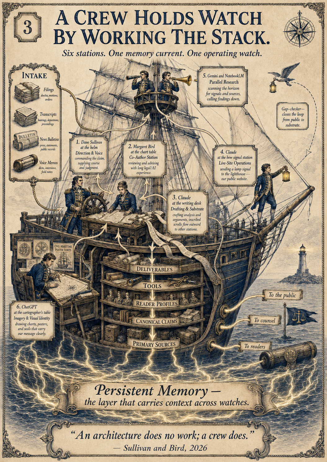 The Knowledge Stack at work — six stations on the deck (Direction and Voice, Co-Author, Drafting and Substrate, Live-Site Operations, Parallel Research, Imagery and Visual Identity); the five-layer stack in the hold; a persistent-memory current beneath the hull; three outbound channels at the stern; and a feedback loop from the live site back to substrate.