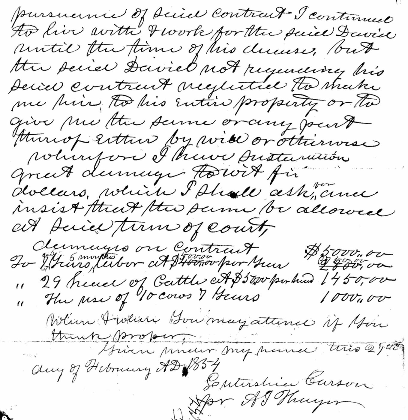 A sheet of handwritten 1850s court paper in brown ink, the writing running the full width of the page.