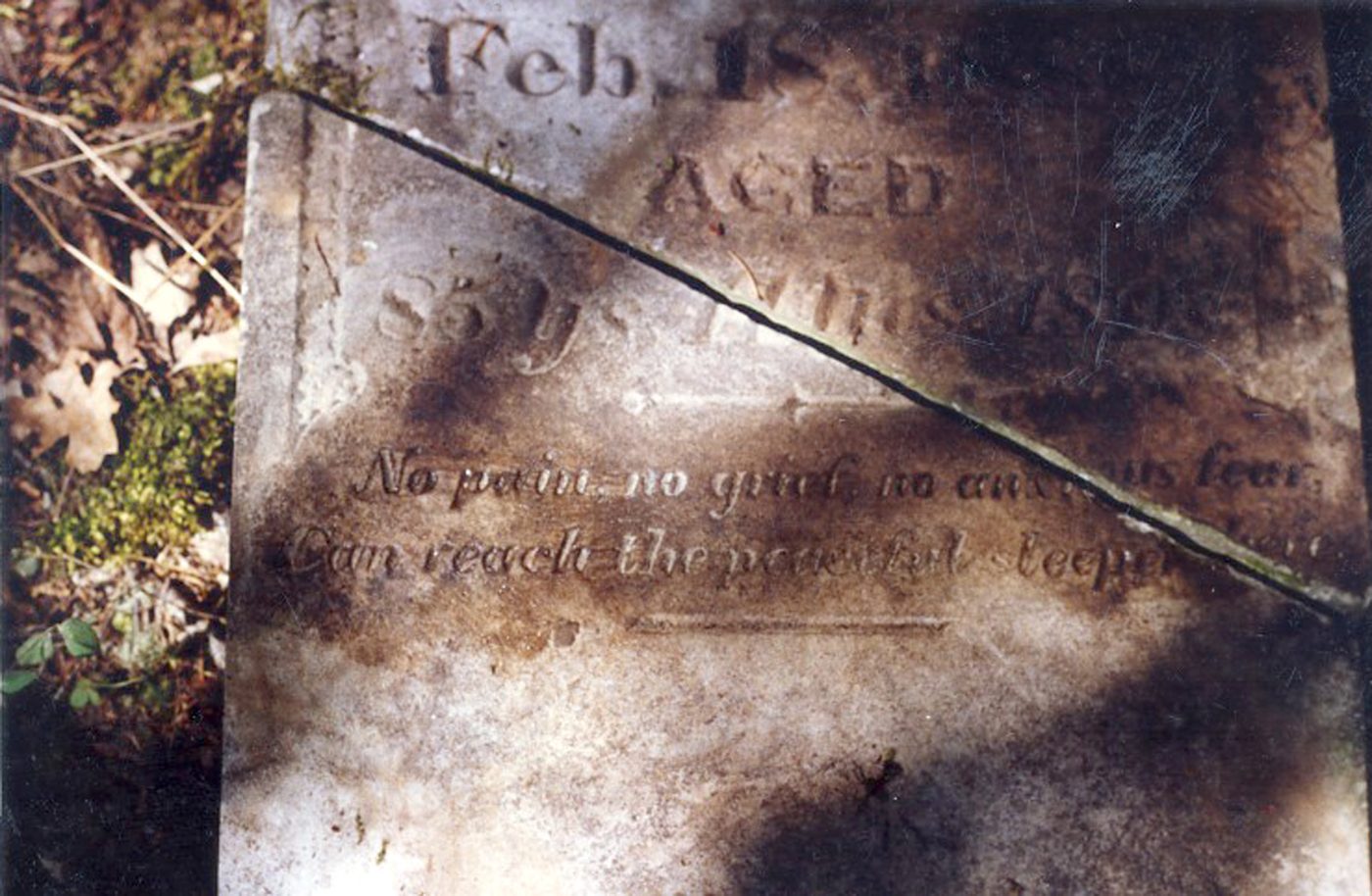 A weathered upright headstone standing in rough grass, with trees behind.